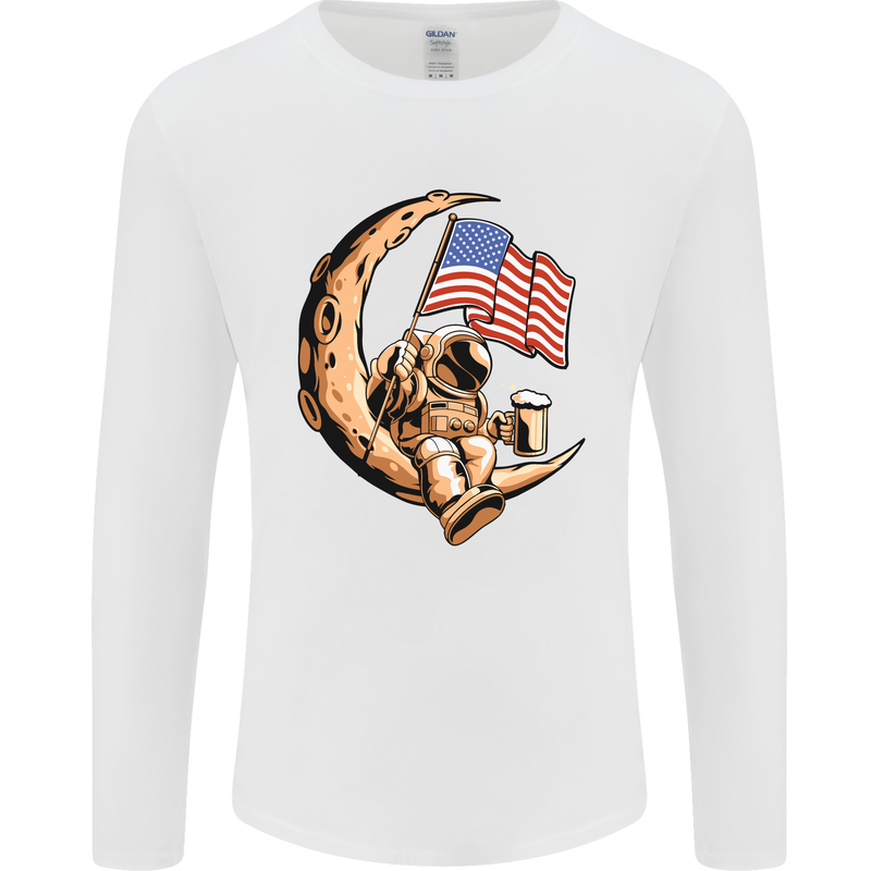 Beer Moon USA Flag Astronaut Space Alcohol Mens Long Sleeve T-Shirt White