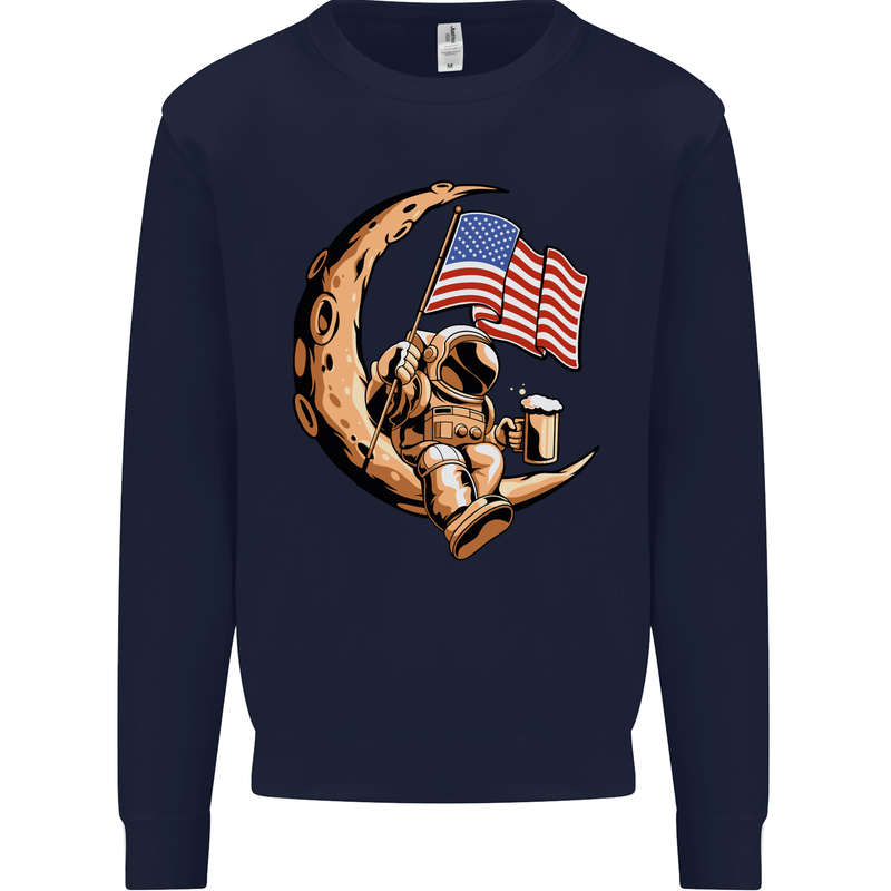 Beer Moon USA Flag Astronaut Space Alcohol Mens Sweatshirt Jumper Navy Blue