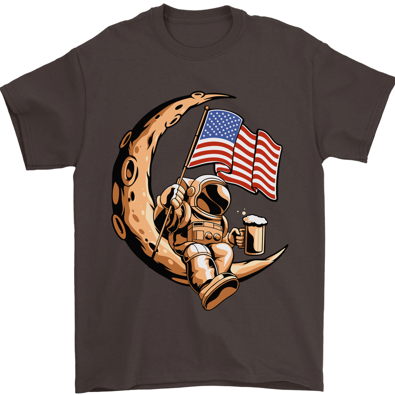 Beer Moon USA Flag Astronaut Space Alcohol Mens T-Shirt Cotton Gildan Dark Chocolate