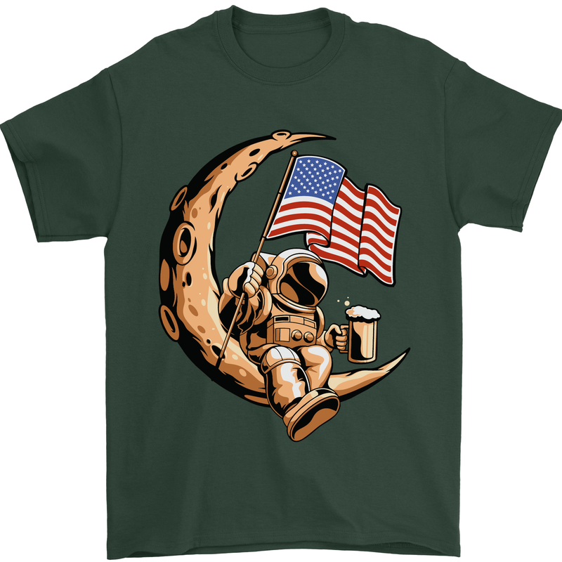 Beer Moon USA Flag Astronaut Space Alcohol Mens T-Shirt Cotton Gildan Forest Green