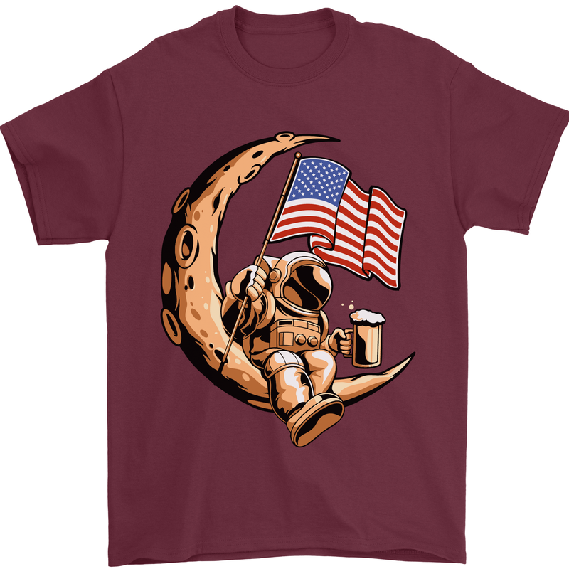 Beer Moon USA Flag Astronaut Space Alcohol Mens T-Shirt Cotton Gildan Maroon