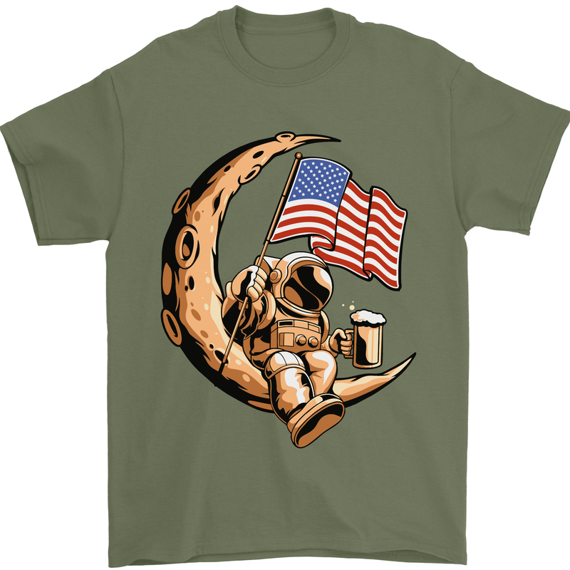 Beer Moon USA Flag Astronaut Space Alcohol Mens T-Shirt Cotton Gildan Military Green