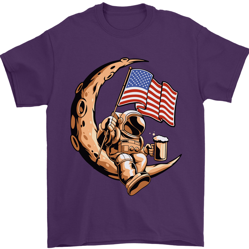 Beer Moon USA Flag Astronaut Space Alcohol Mens T-Shirt Cotton Gildan Purple