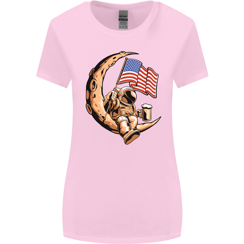 Beer Moon USA Flag Astronaut Space Alcohol Womens Wider Cut T-Shirt Light Pink