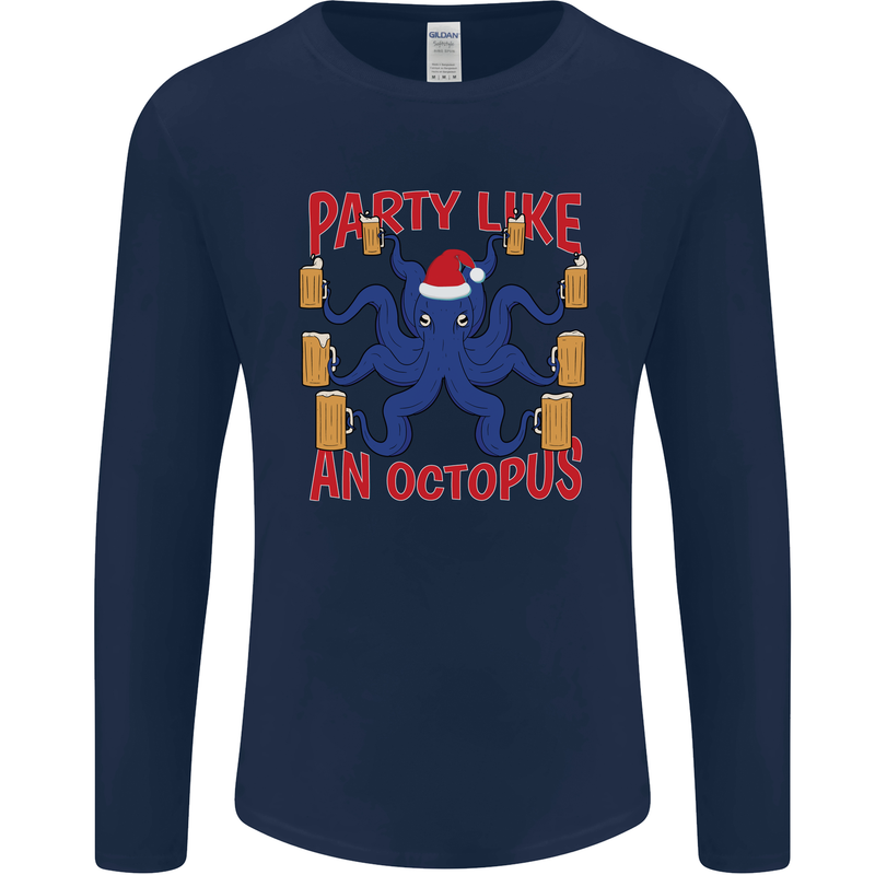 Beer Party Octopus Christmas Scuba Diving Mens Long Sleeve T-Shirt Navy Blue