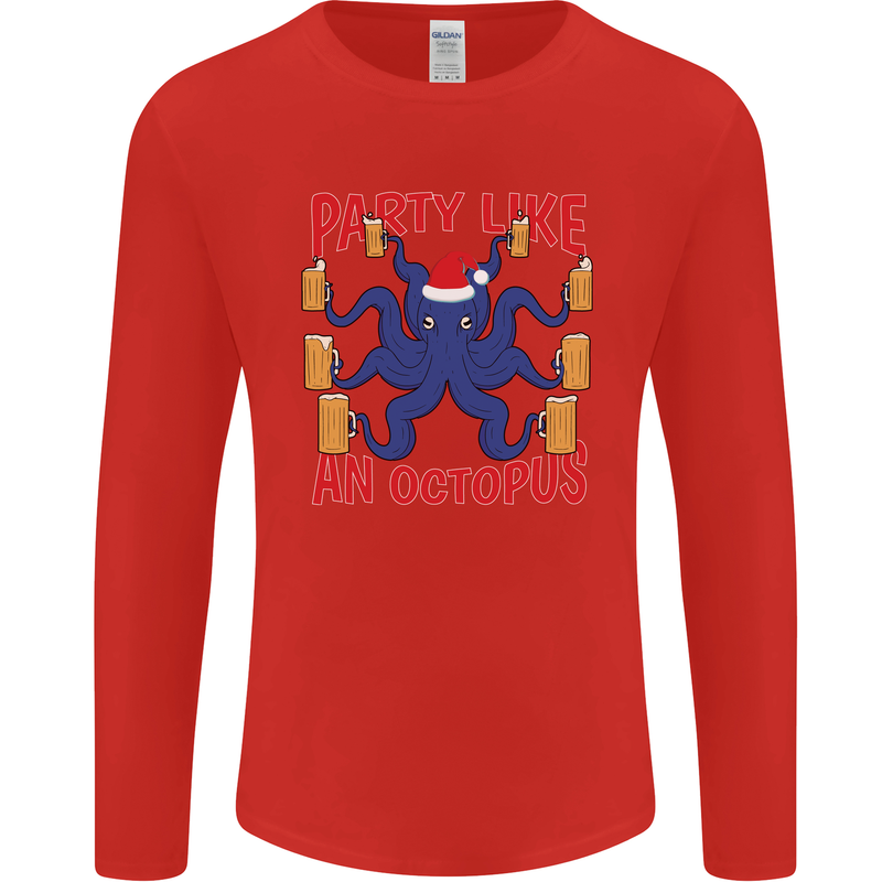 Beer Party Octopus Christmas Scuba Diving Mens Long Sleeve T-Shirt Red