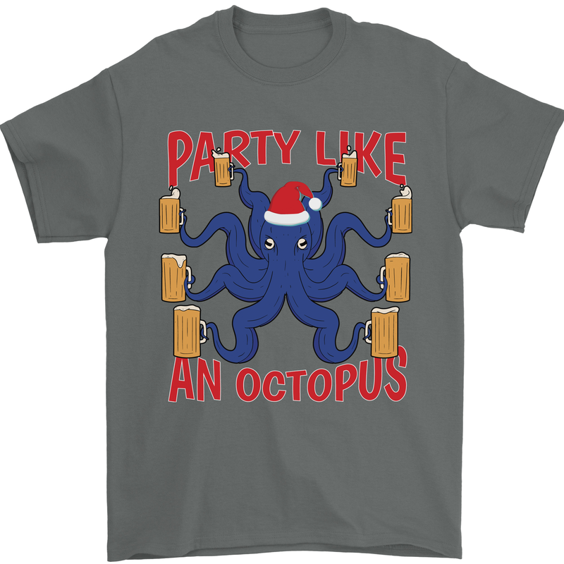 Beer Party Octopus Christmas Scuba Diving Mens T-Shirt Cotton Gildan Charcoal