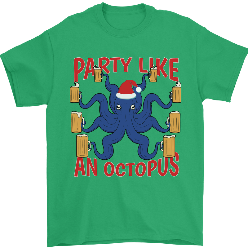 Beer Party Octopus Christmas Scuba Diving Mens T-Shirt Cotton Gildan Irish Green