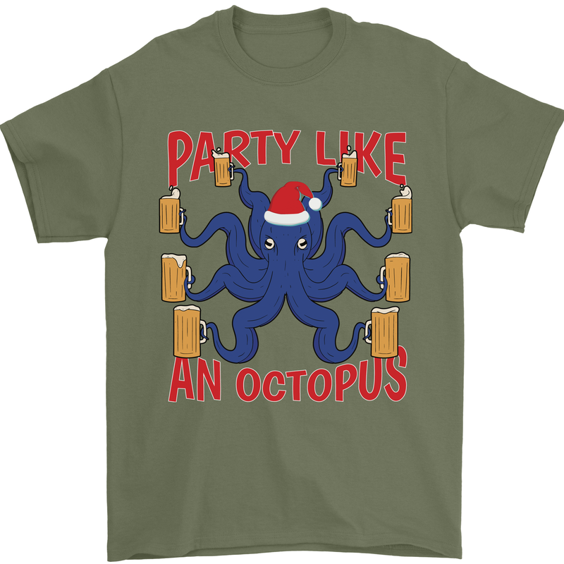 Beer Party Octopus Christmas Scuba Diving Mens T-Shirt Cotton Gildan Military Green