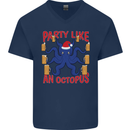 Beer Party Octopus Christmas Scuba Diving Mens V-Neck Cotton T-Shirt Navy Blue