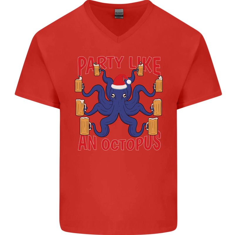 Beer Party Octopus Christmas Scuba Diving Mens V-Neck Cotton T-Shirt Red