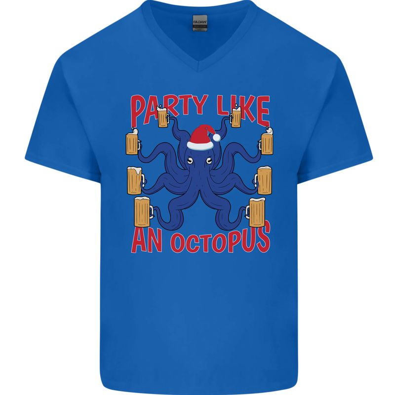 Beer Party Octopus Christmas Scuba Diving Mens V-Neck Cotton T-Shirt Royal Blue