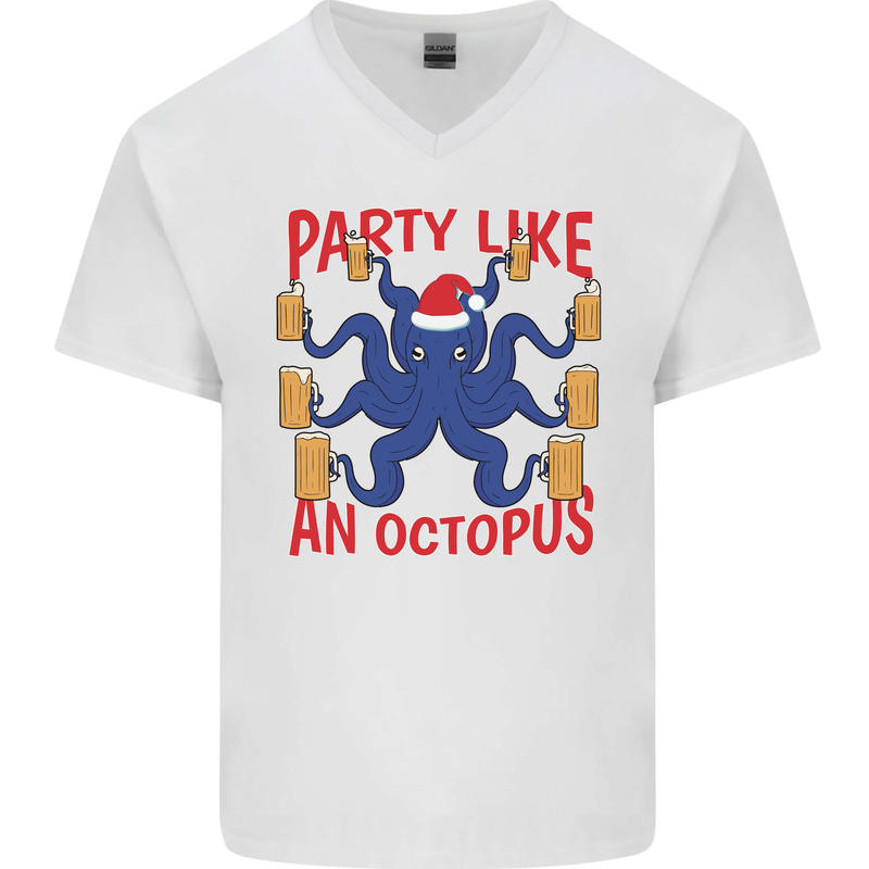 Beer Party Octopus Christmas Scuba Diving Mens V-Neck Cotton T-Shirt White