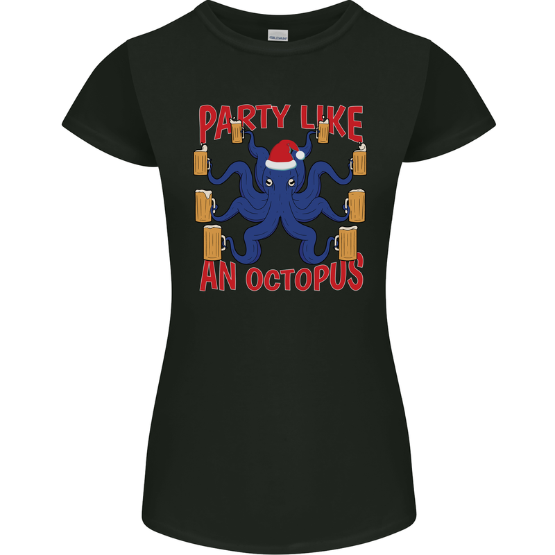 Beer Party Octopus Christmas Scuba Diving Womens Petite Cut T-Shirt Black