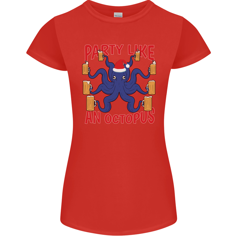 Beer Party Octopus Christmas Scuba Diving Womens Petite Cut T-Shirt Red