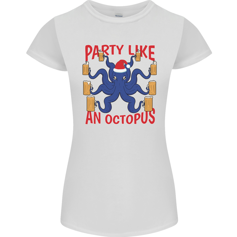Beer Party Octopus Christmas Scuba Diving Womens Petite Cut T-Shirt White