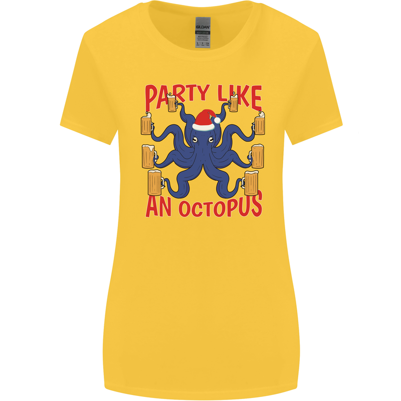 Beer Party Octopus Christmas Scuba Diving Womens Wider Cut T-Shirt Yellow