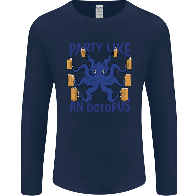 Beer Party Octopus Scuba Diving Diver Funny Mens Long Sleeve T-Shirt Navy Blue