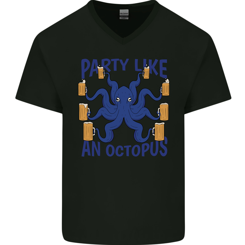 Beer Party Octopus Scuba Diving Diver Funny Mens V-Neck Cotton T-Shirt Black