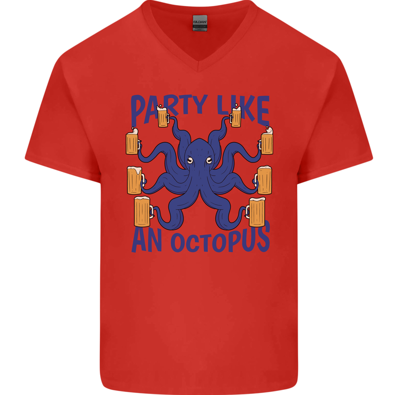 Beer Party Octopus Scuba Diving Diver Funny Mens V-Neck Cotton T-Shirt Red