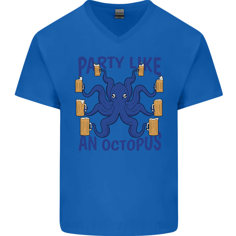 Beer Party Octopus Scuba Diving Diver Funny Mens V-Neck Cotton T-Shirt Royal Blue