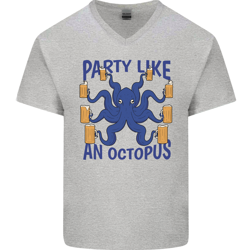 Beer Party Octopus Scuba Diving Diver Funny Mens V-Neck Cotton T-Shirt Sports Grey