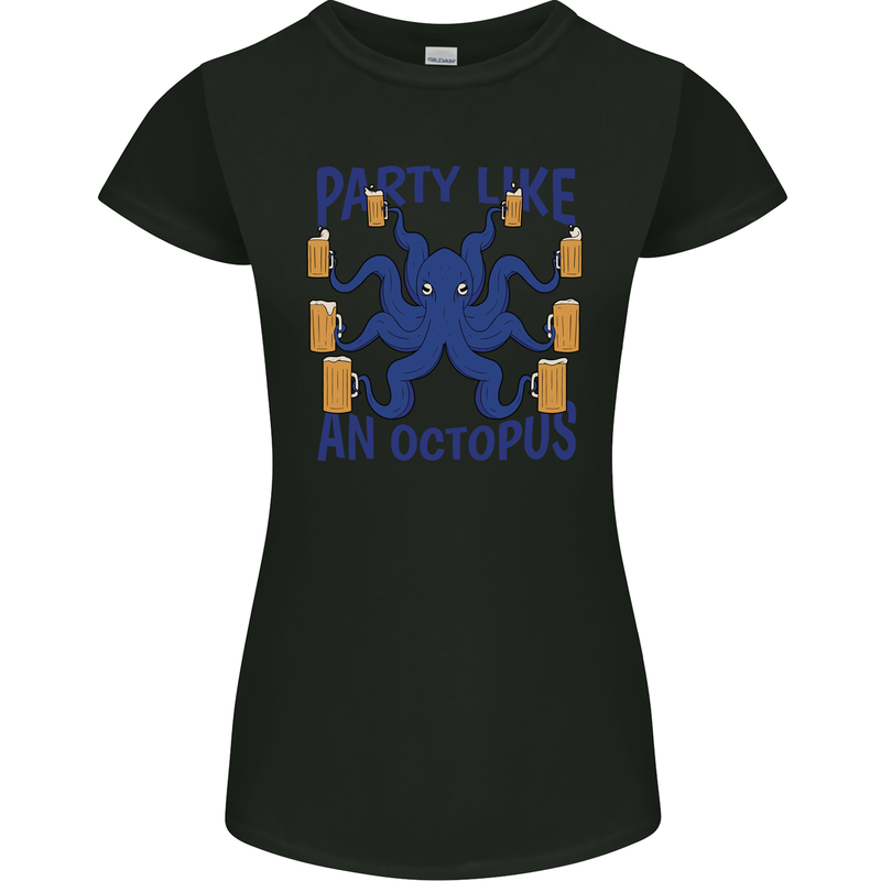 Beer Party Octopus Scuba Diving Diver Funny Womens Petite Cut T-Shirt Black