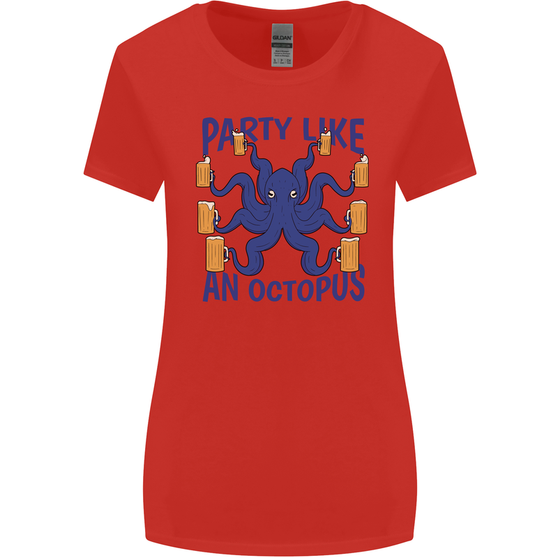 Beer Party Octopus Scuba Diving Diver Funny Womens Wider Cut T-Shirt Red