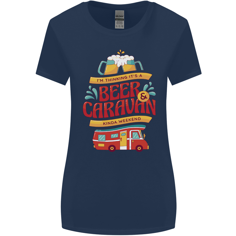 Beer and Caravan Kinda Weekend Funny Womens Wider Cut T-Shirt Navy Blue
