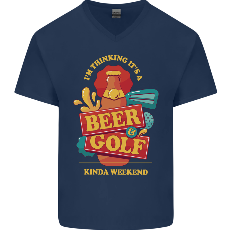 Beer and Golf Kinda Weekend Funny Golfer Mens V-Neck Cotton T-Shirt Navy Blue
