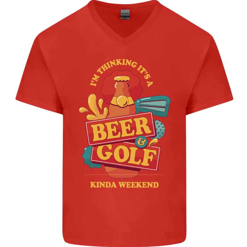 Beer and Golf Kinda Weekend Funny Golfer Mens V-Neck Cotton T-Shirt Red