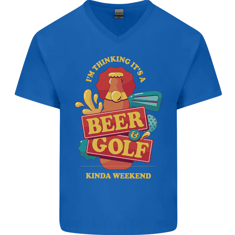 Beer and Golf Kinda Weekend Funny Golfer Mens V-Neck Cotton T-Shirt Royal Blue