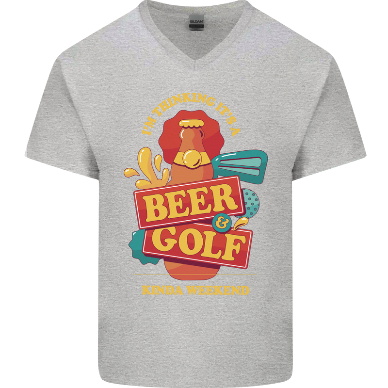 Beer and Golf Kinda Weekend Funny Golfer Mens V-Neck Cotton T-Shirt Sports Grey