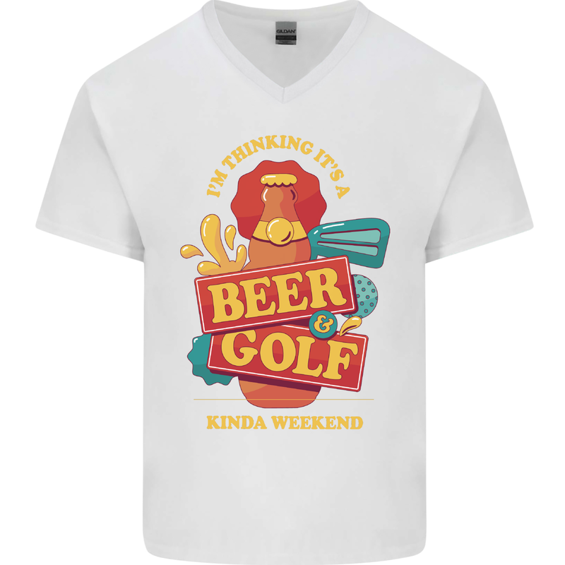 Beer and Golf Kinda Weekend Funny Golfer Mens V-Neck Cotton T-Shirt White