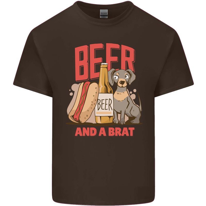 Beer and a Brat Funny Dog Alcohol Hotdog Mens Cotton T-Shirt Tee Top Dark Chocolate