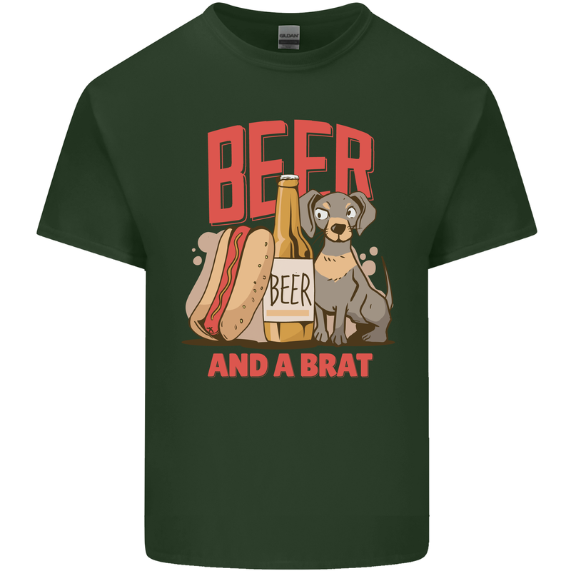 Beer and a Brat Funny Dog Alcohol Hotdog Mens Cotton T-Shirt Tee Top Forest Green
