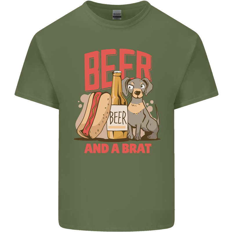 Beer and a Brat Funny Dog Alcohol Hotdog Mens Cotton T-Shirt Tee Top Military Green