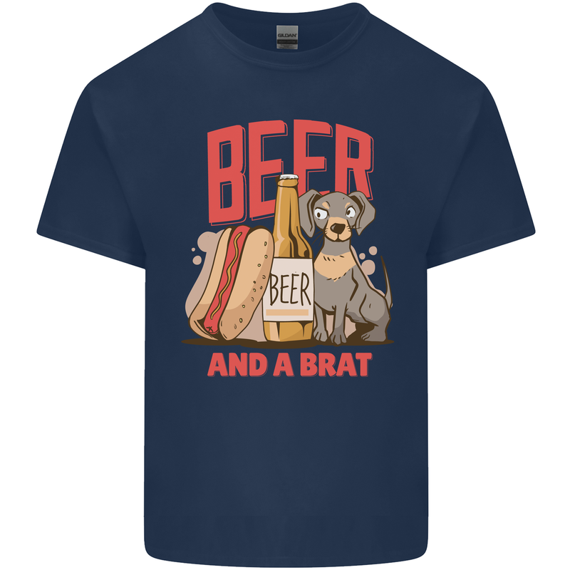 Beer and a Brat Funny Dog Alcohol Hotdog Mens Cotton T-Shirt Tee Top Navy Blue
