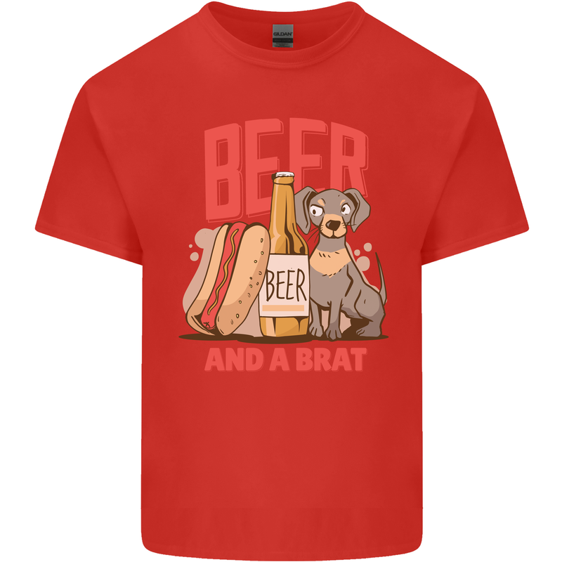 Beer and a Brat Funny Dog Alcohol Hotdog Mens Cotton T-Shirt Tee Top Red