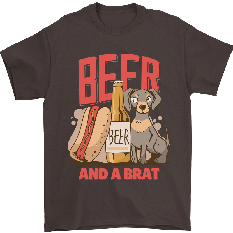 Beer and a Brat Funny Dog Alcohol Hotdog Mens T-Shirt Cotton Gildan Dark Chocolate