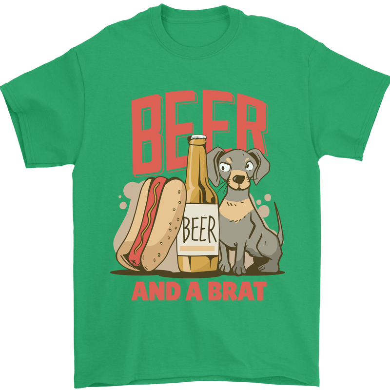 Beer and a Brat Funny Dog Alcohol Hotdog Mens T-Shirt Cotton Gildan Irish Green