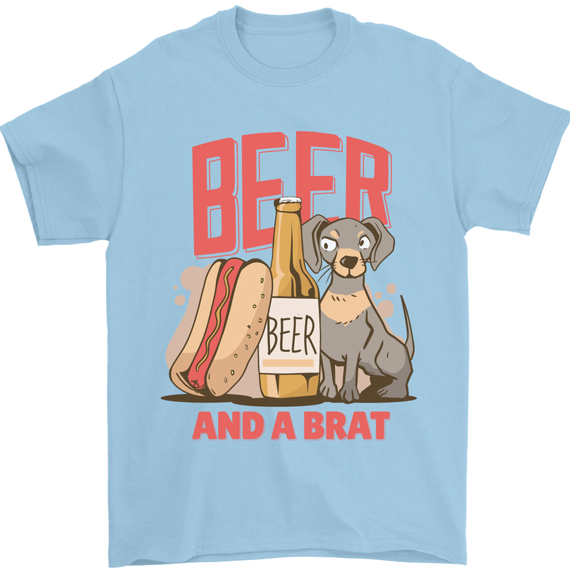 Beer and a Brat Funny Dog Alcohol Hotdog Mens T-Shirt Cotton Gildan Light Blue