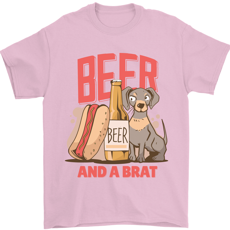 Beer and a Brat Funny Dog Alcohol Hotdog Mens T-Shirt Cotton Gildan Light Pink