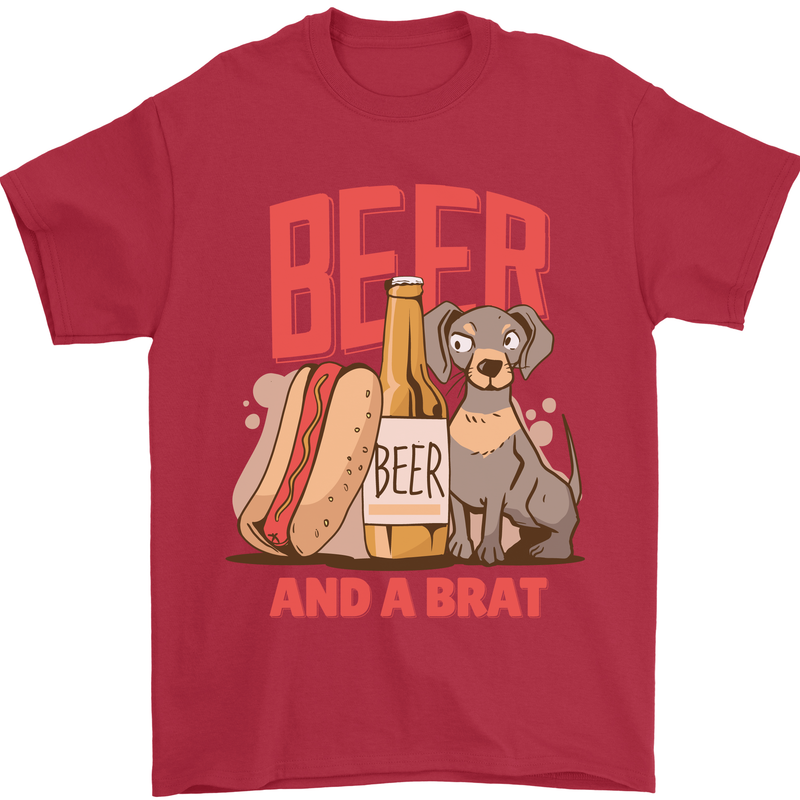 Beer and a Brat Funny Dog Alcohol Hotdog Mens T-Shirt Cotton Gildan Red