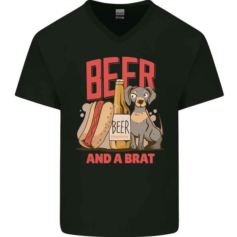 Beer and a Brat Funny Dog Alcohol Hotdog Mens V-Neck Cotton T-Shirt Black