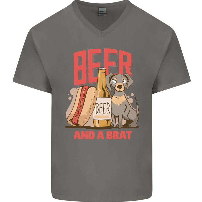 Beer and a Brat Funny Dog Alcohol Hotdog Mens V-Neck Cotton T-Shirt Charcoal