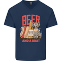 Beer and a Brat Funny Dog Alcohol Hotdog Mens V-Neck Cotton T-Shirt Navy Blue