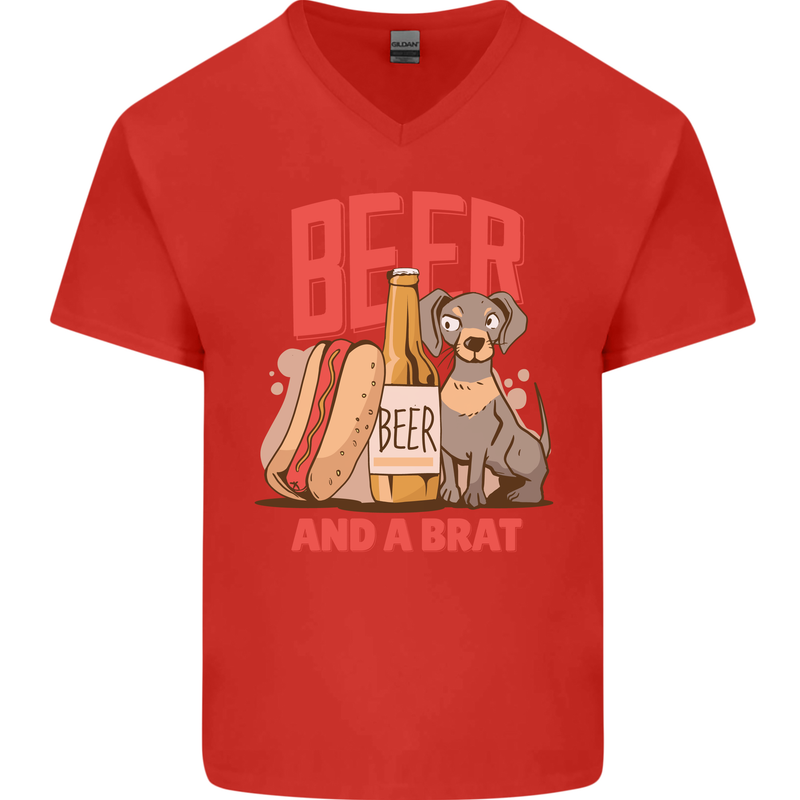 Beer and a Brat Funny Dog Alcohol Hotdog Mens V-Neck Cotton T-Shirt Red