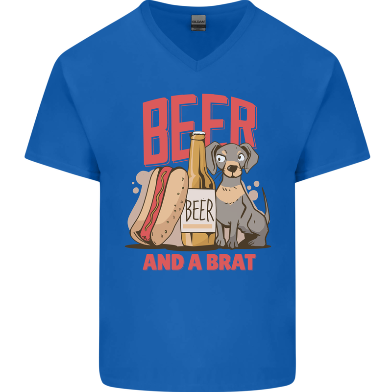 Beer and a Brat Funny Dog Alcohol Hotdog Mens V-Neck Cotton T-Shirt Royal Blue