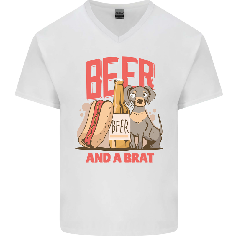 Beer and a Brat Funny Dog Alcohol Hotdog Mens V-Neck Cotton T-Shirt White